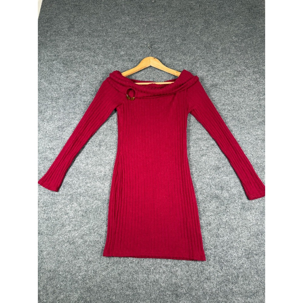 Women's Off the Shoulder Ribbed Knit Mini Dress Small Red Metal Buckle Accent